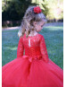Long Sleeves Red Lace Tulle Floor Length Flower Girl Dress